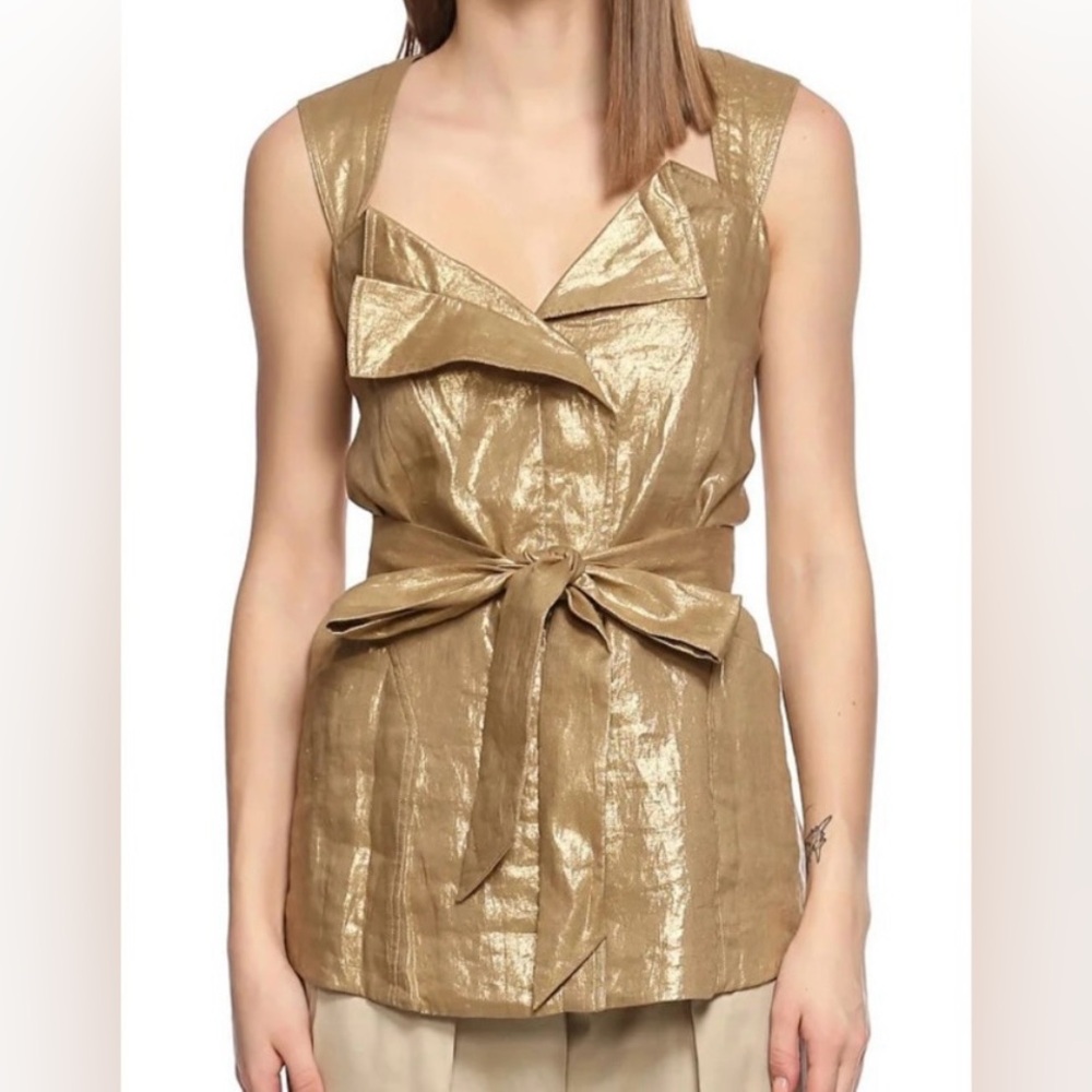 Elie Tahari Gold Lamé Linen Top